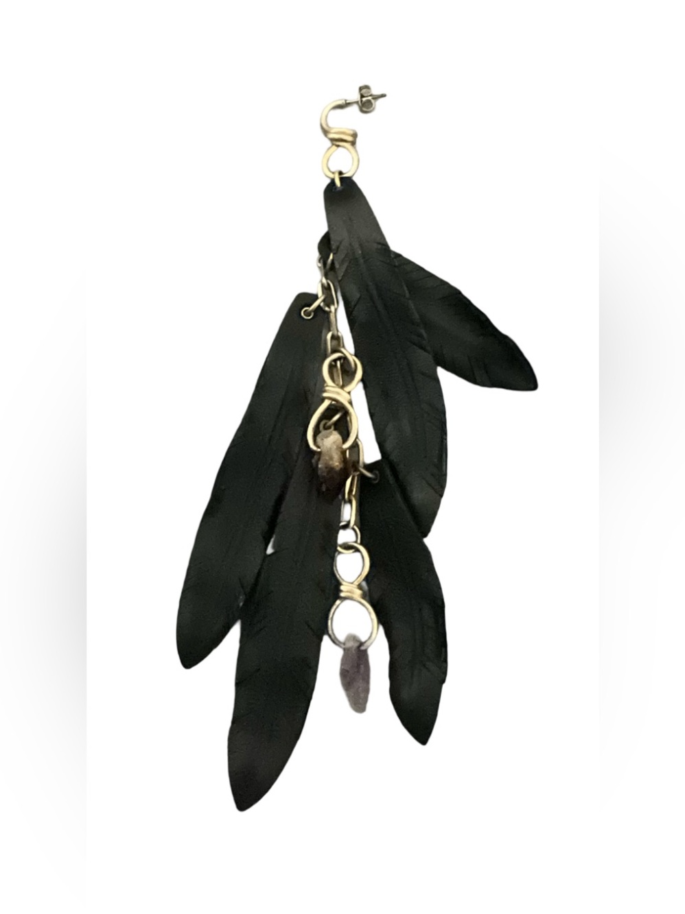 Black Feather Crystal Solo Statement Earring Gold Tone Boho
